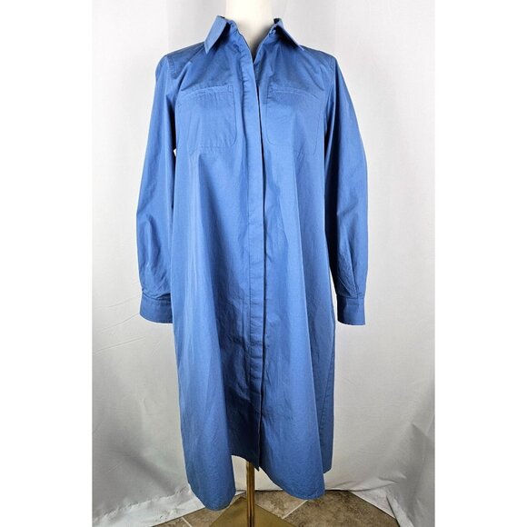 MaxMara Midi Shirt Dress Sz 10 Blue Cotton Side Pockets Swing Long Sleeve - Picture 2 of 13